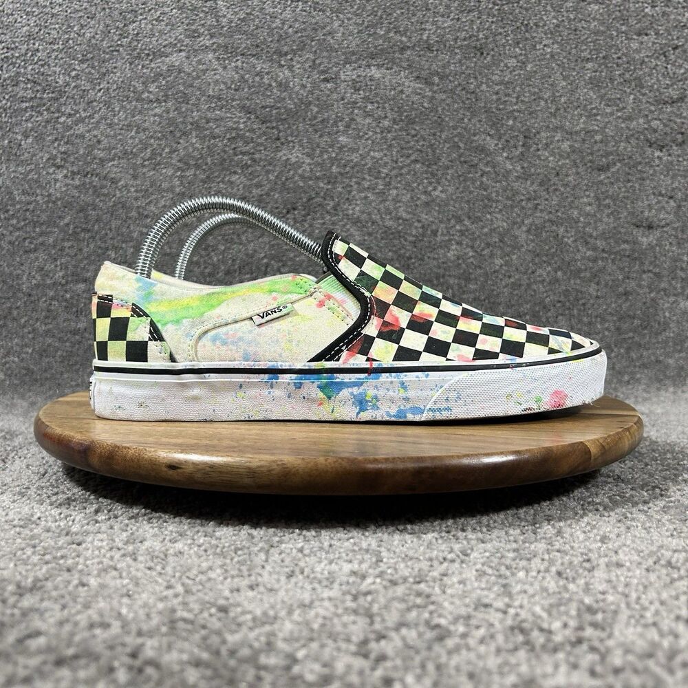 Vans Classic Slip On Women’s Sz 10 White Checker Paint Splatter Skate Shoes Used